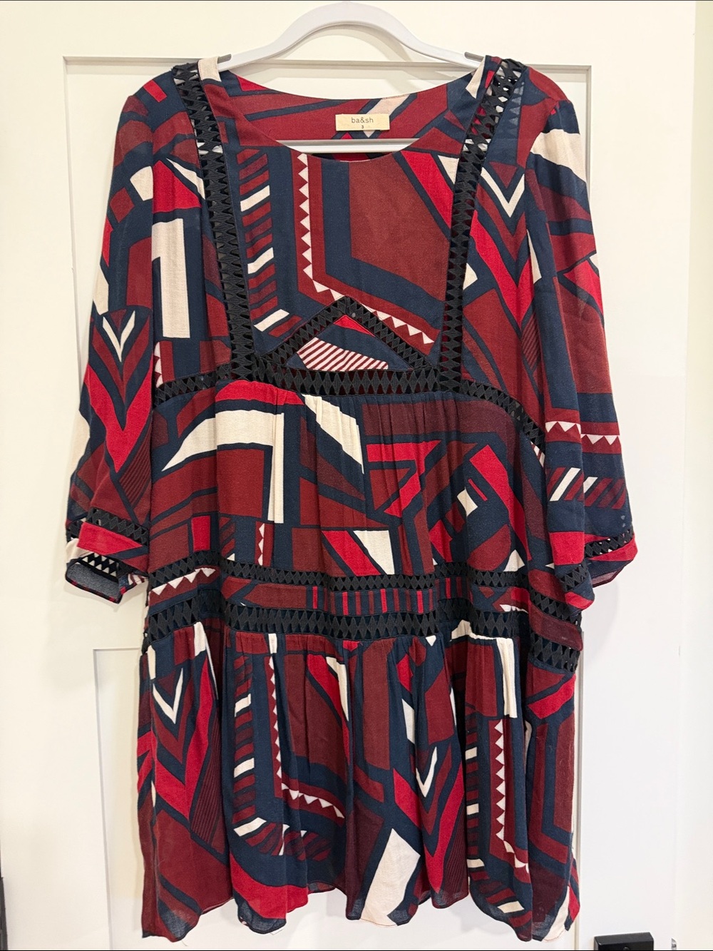 ba&sh Geometric Print Ladder Trim Tiered Mini Dress | Burgundy Navy Red | Size 3